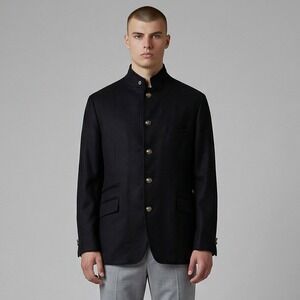 Corneliani ID Blazer‎ Mens 44R Black Wool Cashmere Stand Collar Nehru Jacket